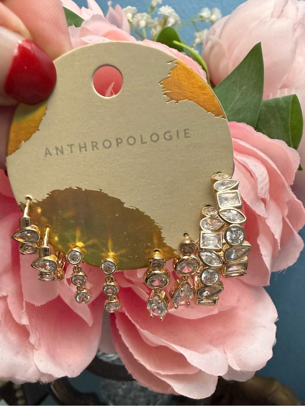 Anthropologie Gold Crystal Multi-Style Earring Set